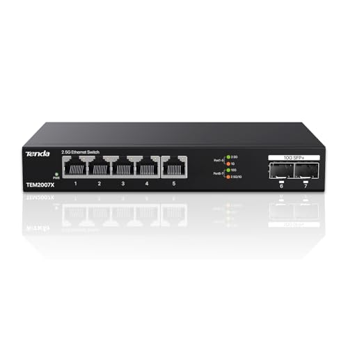 Tenda 2.5Gbit Switch mit 5X 2,5G Ports & 2X 10G SFP+ Ports, Unmanaged 2.5 Gigabit Ethernet LAN Switch (Plug-and-Play, Lüfterlos, Desktop-/Wandmontage, Metallgehäuse, Schwarz)(TEM2007X) von Tenda