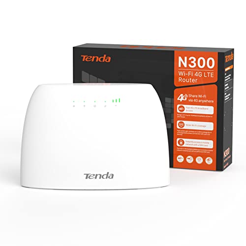 Tenda 4G03 4G LTE Router, WLAN Router für SIM-Karten (CAT4, 150Mbit/s im Download, 300Mbit/s 2,4GHz), 2 Fast-Ethernet-Ports, Plug & Play, APP, IPv6, Gast-Netzwerk, Verkehrdaten-Monitoring, Weiß von Tenda