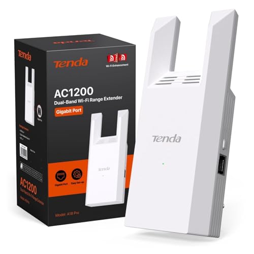 Tenda A18 Pro WLAN Verstärker – AC1200 Dualband Repeater mit Gigabit-LAN, 2 externen Antennen, LED-Signalanzeige, WPS, einfache Einrichtung, WPA2, kompatibel mit den meisten Routern von Tenda