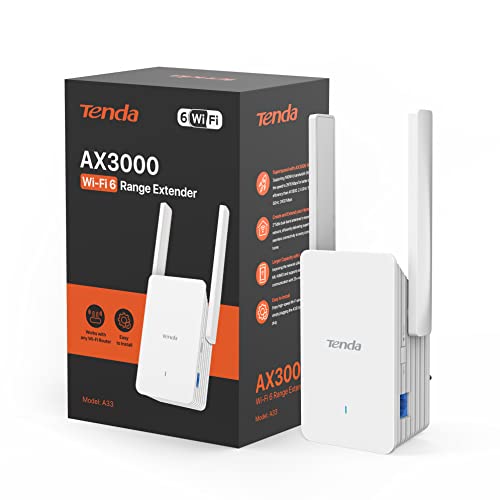 Tenda A33 WiFi 6 WLAN Verstärker Repeater – AX3000 Dualband (5 GHz 2402 Mbit/s + 2.4 GHz 574 Mbit/s), 2 x 5 dBi Antennen, Gigabit LAN, MU-MIMO, WPS, AP-Modus, LED, kompatibel mit Allen Routern von Tenda