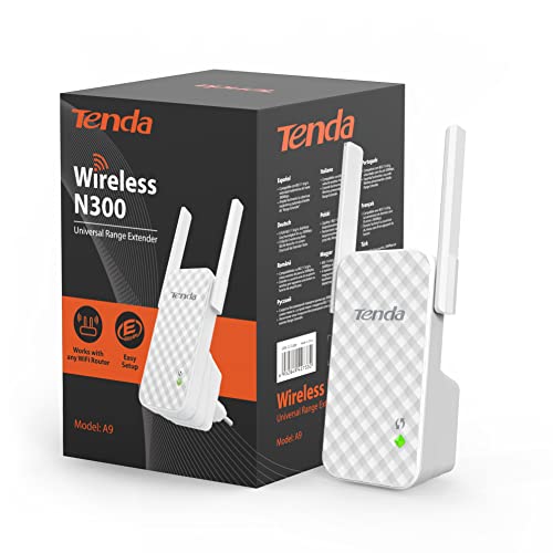 Tenda WLAN Repeater WLAN Verstärker WiFi Repeater(N300 2,4GHz:300 MBit/s), 2 * 3dBi Externe Antennen, LED Anzeige, WPA/WPA2, kompatibel mit Allen WLAN Routern, Weiß(A9) von Tenda
