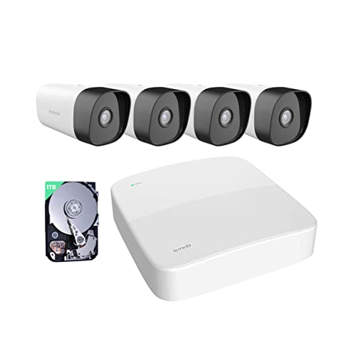 Tenda PoE Überwachungskamera Set Aussen, 4X 4MP CCTV Camera Outdoor + 1TB HDD + NVR (Unterstützt bis zu 10TB) für 24/7 Videoüberwachung, PoE IP Kamera mit AI Personenerkennung, Nachtsicht, K4P-4TR-1T von Tenda