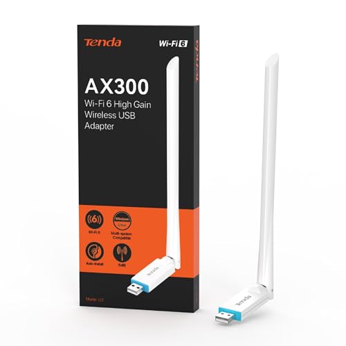 Tenda U2 AX300 Wi-Fi 6 WLAN Stick, WLAN USB-Adapter mit 1 * 6dBi High-Gain-Antenne für PC/Desktop/Laptop, Plug & Play, Access Point Modus, WPA2, USB 2.0, unterstützt Windows7/10/11/Linux/UOS von Tenda