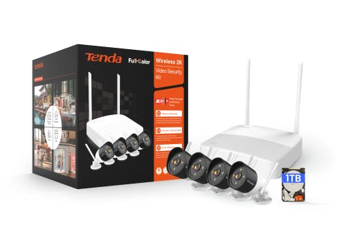 Tenda Überwachungskamera Aussen WLAN Set, 4X 2K WLAN Kamera Outdoor + 4CH Wireless NVR + 1TB HDD für Videoüberwachung, Vollfarb-Nachtsicht, IP66, Personenerkennung und Bewegungserkennung, K4W-3TC-1T von Tenda