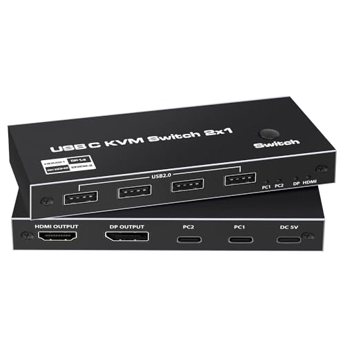 Tendak USB-C KVM-Switch, 2 In 1 Out Typ-C KVM Switch PC Computer USB-C KVM Umschalter mit 4 USB 2.0 Ports Unterstützung 8K@60Hz, 4K@120Hz, 2 PC Share Maus, Tastatur und DisplayPort/HDMI Monitor Tendak USB-C KVM-Switch, 2 In 1 Out Typ-C KVM Switch PC Computer USB-C KVM Umschalter mit 4 USB 2.0 Ports Unterstützung 8K@60Hz, 4K@120Hz, 2 PC Share Maus, Tastatur und DisplayPort/HDMI Monitor von Tendak