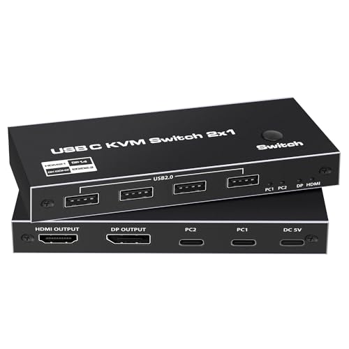 Tendak USB-C KVM-Switch, 2 In 1 Out Typ-C KVM Switch PC Computer USB-C KVM Umschalter mit 4 USB 2.0 Ports Unterstützung 8K@60Hz, 4K@120Hz, 2 PC Share Maus, Tastatur und DisplayPort/HDMI Monitor von Tendak