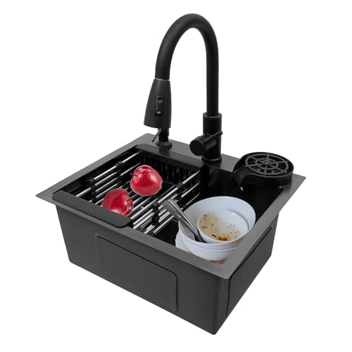 Küchenspüle Edelstahl, Küchenspüle mit ausziehbarem Wasserhahn, Einbauspüle Multifunktionale Spüle mit Wasserhahn Tassenspüler Abtropfkorb für Workstation RV Prep KücheBar von Tenddya