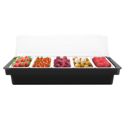 Tenddya Zutatenbehälter, 5 Zellen Flip-Top-Design Obstkiste aus Kunststoff Lebensmittelbehälter mit Seitliche Griffe Für Buffet, Pizza Zutatenbehälter Gewürzbox Nüssenbox Und Süßigkeiten Behälter von Tenddya