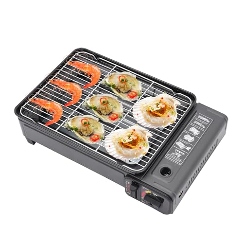 Tragbarer Camping Gasgrill Grill Set Butan Grillkocher mit Grillplatte Grillrost Sicherheitsventil Aufbewahrungsbox Picknick Kocher Tragbarer Butan Gasherd für Outdoor, Balkon, Terrasse, Garten, BBQ von Tenddya