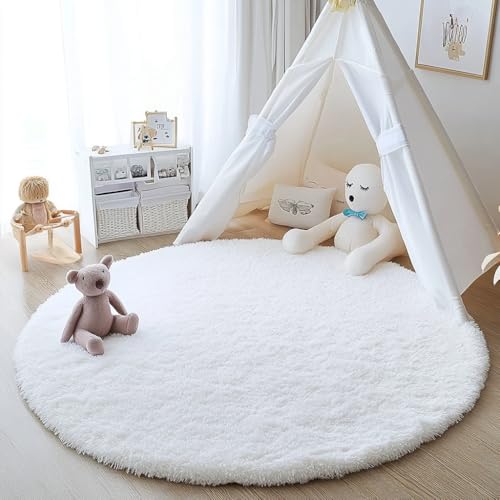Teppich Rund Teppich Wohnzimmer Hochflor Teppiche Langflor Wohnzimmerteppich für Wohnzimmer Flauschiger Teppich Schlafzimmer Outdoor Carpet(Weiß, 80cm) von Tenekee