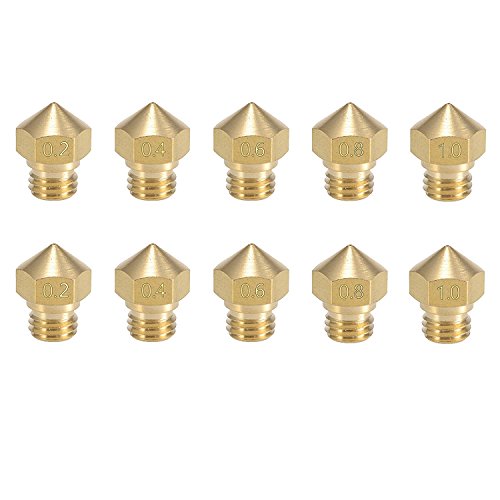 Tenlacum 10PCS MK10 Düse Multi Größe für 3D Drucker MakerBot Teile (0,2 mm 0,4 mm 0,6 mm 0,8 mm 1,0 mm) M7 Gewinde Messing Düse für Extruder Hotend (2 Stück je Größe) von Tenlacum