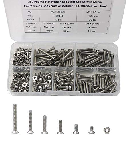 Tenlacum 260 Stück Schrauben und Muttern M3 Innensechskant-Senkkopfschrauben Schrauben Muttern Sortiment Kit -304 Edelstahl von Tenlacum