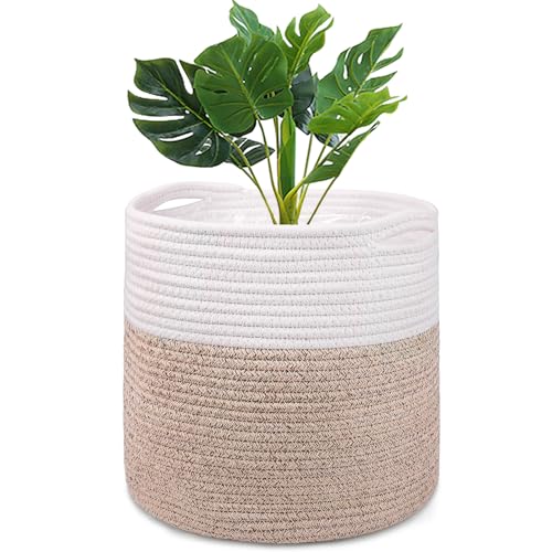 Tenn Well 30 cm Blumentopf mit Einsatz, Baumwolle, Innen-Pflanzgefäß, gewebter Aufbewahrungskorb für Zimmerpflanzen, Blumentopf und Heimdekoration (Weiß und Khaki) von Tenn Well