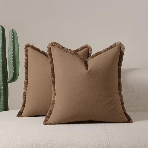Tennove Kissenbezug 2er Set Dekorative 45x45cm Kissenbezüge mit Fransen Quasten Natürliche Leinen Weiche Boho Kissenhülle Zierkissen Couchkisse für Home Wohnzimmer Schlafzimmer,Mokkabraun von Tennove