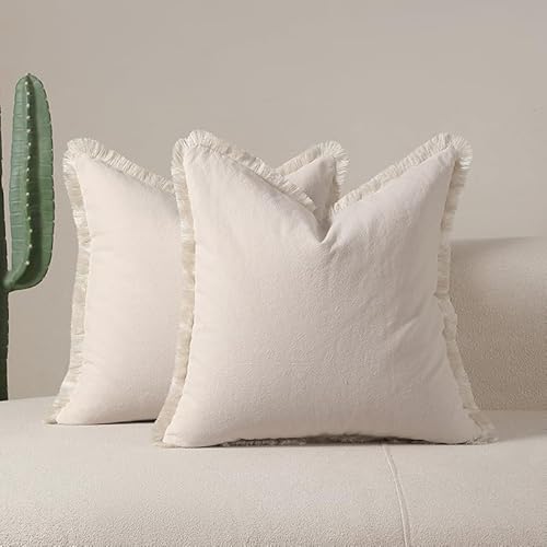 Tennove Kissenbezug 2er Set Dekorative 60x60cm Kissenbezüge mit Fransen Quasten Natürliche Leinen Weiche Boho Kissenhülle Zierkissen Couchkisse für Home Wohnzimmer Schlafzimmer,Beige von Tennove