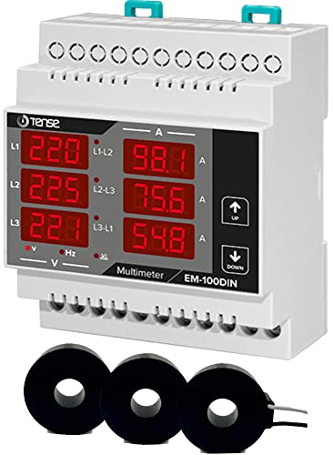 Tense Elektronik EM-100DIN Einbaumessgerät Multimeter zur Messung von Strom (1A-100A), Spannung und Frequenz in 3-Phasigen Netzwerken - DIN-Schiene Hutschiene digital, Grau, Schwarz, Rot von Guay
