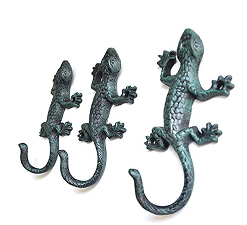 TentHome 3er Set Gecko-Haken Rustikal Wandhaken Eisenhaken Kleiderhaken Gusseisen Garderobenhaken Schlüssel-Haken Wandbehang für Blumentopf Pflanzen Garten Dekoration,Patina-Gecko von TentHome