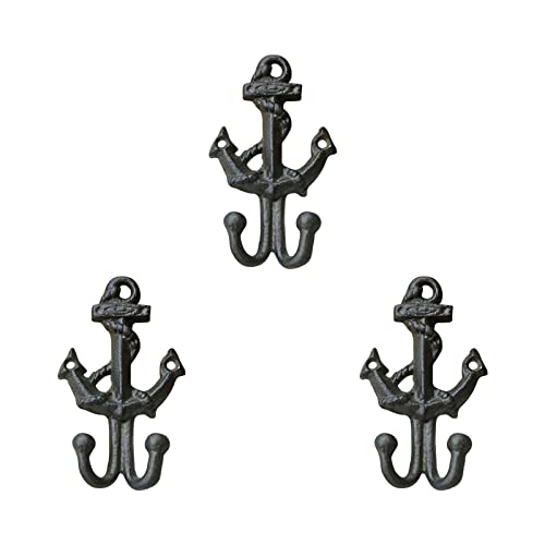 TentHome 3er Set Wandhaken Gusseisen Schwarz Vintage Doppelhaken Maritim Garderobe Doppelt Haken Dekorative Aufhängung Rustikales Kleiderhaken (B) von TentHome