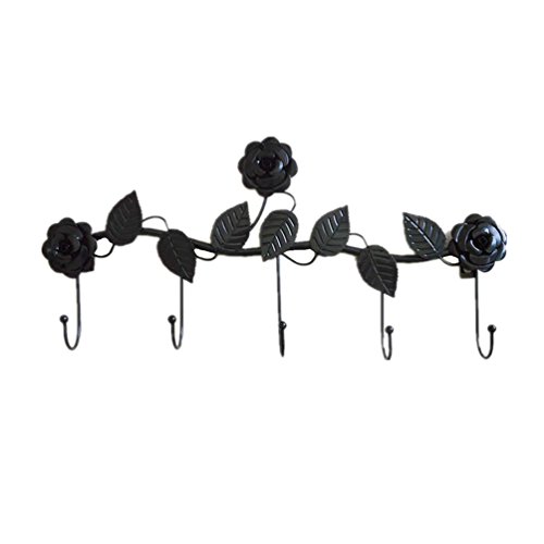 TentHome Hakenleiste Vintage Wandgarderobe Antik Garderobenleiste Landhausstil Garderobenhalter Metall Kleiderhaken Blumen Blatt (Schwarz) von TentHome