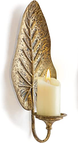 TentHome Kerzenhalter Wand Kerzenleuchter Metall Kerzenständer Blatt Teelichthalter Dekorative Kerzen Halterung zum Aufhängen Windlicht Antik Gold (B) von TentHome
