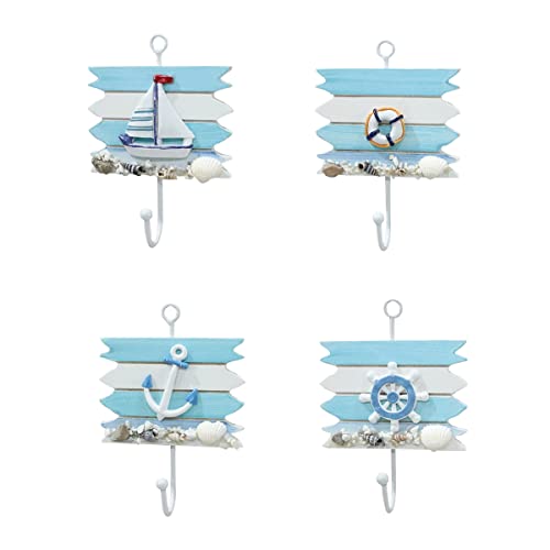 TentHome Maritime Wandhaken Holz Kleiderhaken Kinder Garderobenhaken Schlüsselhaken Handtuchhaken Dekorative Haken Set Fisch Steuerrad Anker Seestern Seemuschel Segelboot Form Wanddeko 4er Blau von TentHome