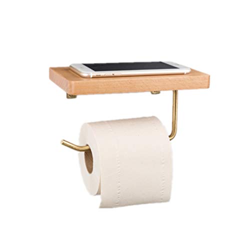 TentHome Messing Toilettenpapierhalter WC-Papierhalter Toilettenpapierhalterung mit Ablage Handy Rollenhalter Holz Wand Klopapierhalter (Bohren, Buchenholz) von TentHome