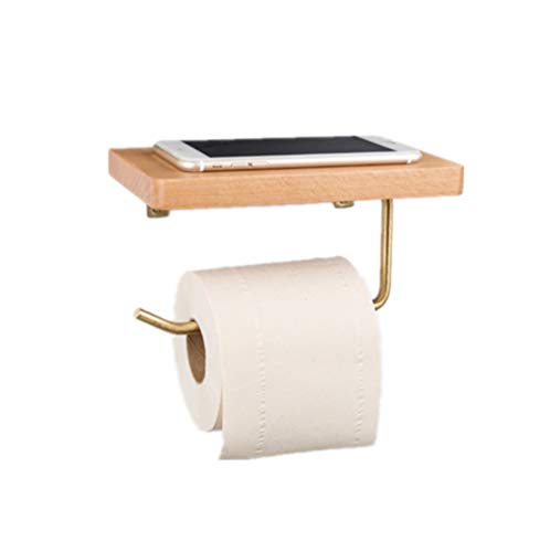 TentHome Messing Toilettenpapierhalter WC-Papierhalter Toilettenpapierhalterung mit Ablage Handy Rollenhalter Holz Wand Klopapierhalter Ohne Bohren, Buchenholz von TentHome