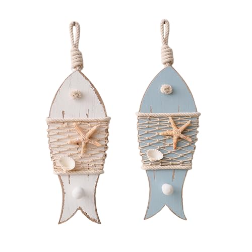TentHome Schlüsselhaken Maritim Holz Wandhaken Einzeln/Doppelt Haken Fisch Form Kleiderhaken Kindergarderobe Fischernetz Muschel Wanddeko, 2 Stück (2er Set) von TentHome