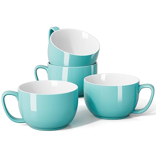 Teocera Porzellan Große Kaffeetassen Set, Jumbo Tassen, Suppenschalen mit Griffen, 24 oz für Kaffee, heißen Kakao, Müsli - 4er Set Türkis von Teocera