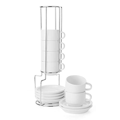 Teocera Weiße Espressotassen Set von 6 mit Untertassen, Demitasse Espressotassen und Ständer - Nehmen Sie wenig Platz ein - 70 ml Porzellan Stapelbare Kaffeetassen für Espresso, Cafe Mokka und Tee von Teocera