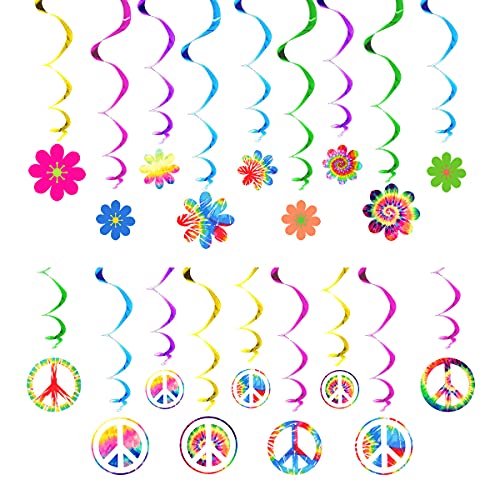 36 Stück 60er Jahre Hippie Thema Party Folien Wirbel Dekorationen, 60er Jahre Groovy Party Retro Blumen Ausschnitte Friedenszeichen Hängende Wirbel Decken Dekorationen von Teogneot