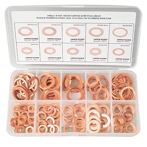 200pcs Solid Copper Massiv-Kupfer Dichtungssatz, 9 Größen metrische Kupferdichtringe Sortiment Kit,Kupferscheiben Hardware Zubehör Unterlegscheiben Kit runde Dichtungen Massiv-Kupfer Schlitzstopfen von Teokantz