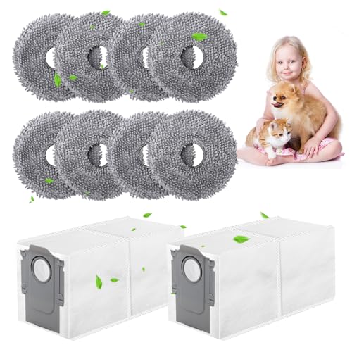 8 Stück Wischtücher Ersatzteile mit 2 Staubbeutel für Roborock Q Revo/Qrevo MaxV Roboter Staubsauger, Chenille rotierendes Wischtuch Ersatzzubehör Set von Teokantz