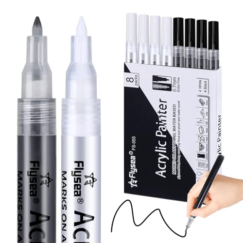 Teokantz 8 Stück Weiß Schwarz Acrylstifte für Steine, wasserfest 0.7 mm Dünner Spitze Feine Set Acryl Stifte weiß für Schwarzes Papier Holz Leinwand Keramik DIY Zeichnung Steine Bemalen von Teokantz