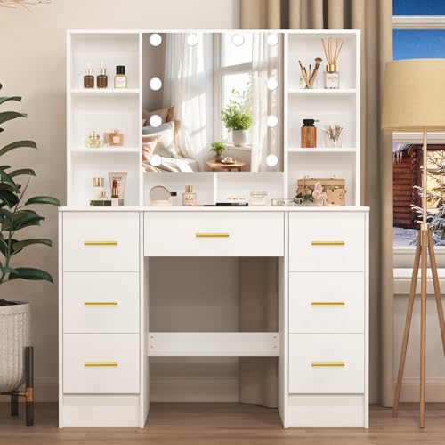 Teousev Schminktisch mit Beleuchtung und Spiegel, Einstellbarer Helligkeit, Frisiertisch mit Hocker, Kosmetiktisch mit 7 Schubladen und 6 Ablagen, 100X40X140Cm, Weiß, J340 Teousev Schminktisch mit Beleuchtung und Spiegel, Einstellbarer Helligkeit, Frisiertisch mit Hocker, Kosmetiktisch mit 7 Schubladen und 6 Ablagen, 100X40X140Cm, Weiß, J340 von Teousev