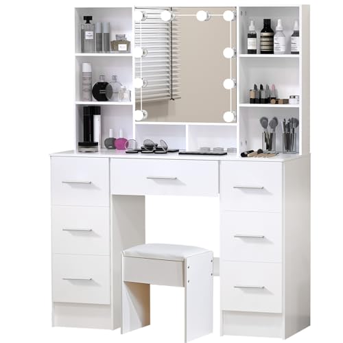 Teousev Schminktisch mit Beleuchtung und Spiegel, Einstellbarer Helligkeit, Frisiertisch mit Hocker, Kosmetiktisch mit 7 Schubladen und 6 Ablagen, 100X40X140Cm, Weiß, J4752 Teousev Schminktisch mit Beleuchtung und Spiegel, Einstellbarer Helligkeit, Frisiertisch mit Hocker, Kosmetiktisch mit 7 Schubladen und 6 Ablagen, 100X40X140Cm, Weiß, J4752 von Teousev