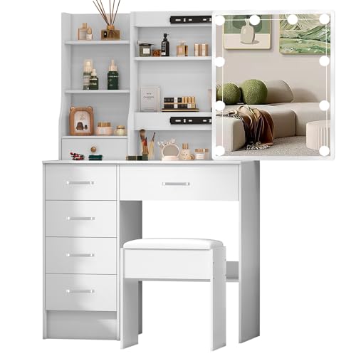 Teousev Schminktisch mit Schiebetür-Spiegel und Hocker, Stabiler Kosmetiktisch mit Dimmbarer Beleuchtung und Videoanleitung, Frisiertischmit 6 Schubladen und 6 Regalen, Weiß, 36×80×133 cm, J51207 Teousev Schminktisch mit Schiebetür-Spiegel und Hocker, Stabiler Kosmetiktisch mit Dimmbarer Beleuchtung und Videoanleitung, Frisiertischmit 6 Schubladen und 6 Regalen, Weiß, 36×80×133 cm, J51207 von Teousev