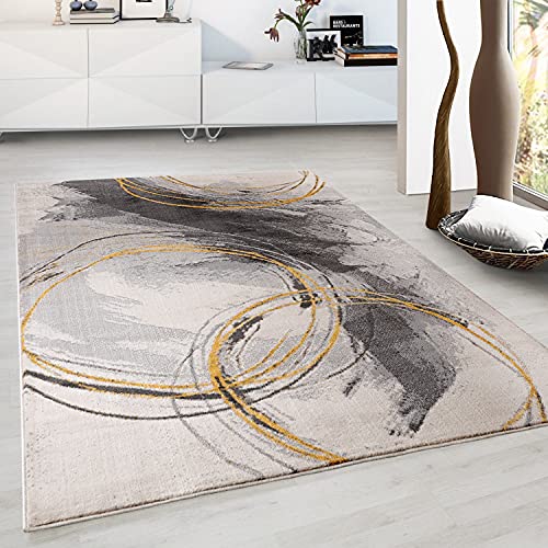 Designer Teppich Modern Kreiselmotiv Leinwandoptik Grau Gelb, Maße:200x280 cm von Teppich-Home
