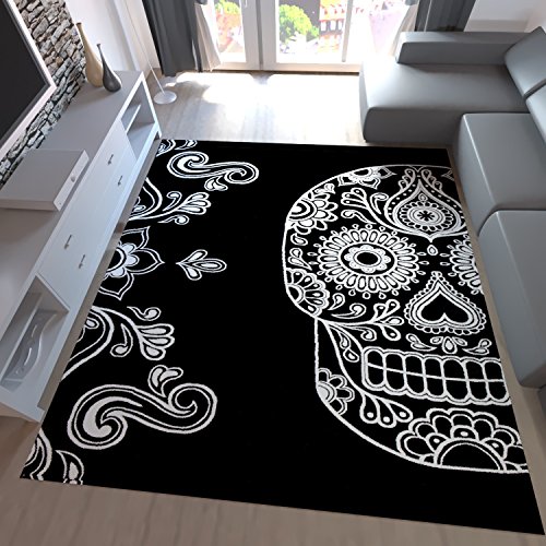 Designer Teppich Schwarz Weiß Kunstvoll Modern Totenkopf Motiv, Maße:160x230 cm von Teppich-Home