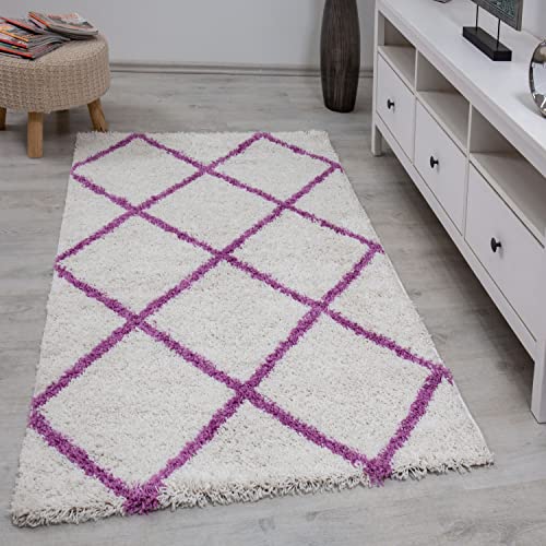 Hochflor Teppich Wohnzimmer Shaggy weich modern Rauten Muster Grau Anthrazit Creme Schwarz Rot Lila Beige, Farbe:Lila, Maße:80x150 cm von Teppich-Home