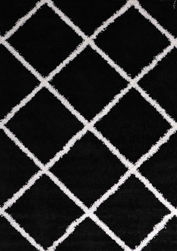 Hochflor Teppich Wohnzimmer Shaggy weich modern Rauten Muster Grau Anthrazit Creme Schwarz Rot Lila Beige, Farbe:Schwarz, Maße:140x200 cm von Teppich-Home