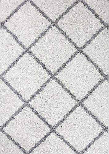 Hochflor Teppich Wohnzimmer Shaggy weich modern Rauten Muster Grau Anthrazit Creme Schwarz Rot Lila Beige, Farbe:Weiß, Maße:70x140 cm von Teppich-Home