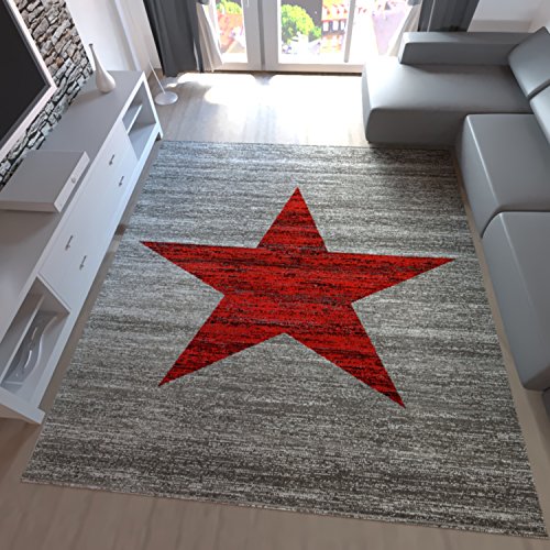 Kurzflor Teppich Wohnzimmer Stern Muster Meliert Rot Schwarz Beige Grau, Farbe:Rot, Maße:120x170 cm von Teppich-Home