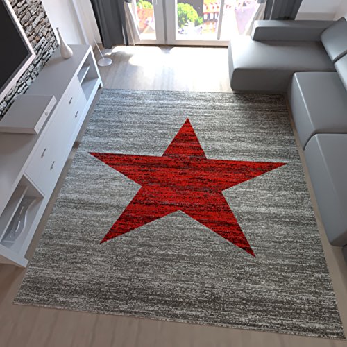 Kurzflor Teppich Wohnzimmer Stern Muster Meliert Rot Schwarz Beige Grau, Farbe:Rot, Maße:160x220 cm von Teppich-Home
