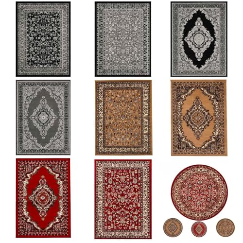 Orient Teppich rot beige grau schwarz klassisch dicht gewebt mit Ornament und Blumenmotiven, Farbe:R8757, Maße:Ø 160 cm Rund von Teppich-Home