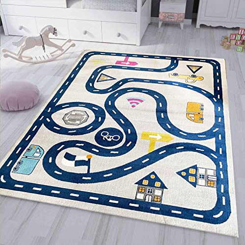 Spielteppich Kinderteppich Straße Auto Verkehr | Teppich für Kinderzimmer | Verschiedene Farbvarianten, Farbe:Blue, Maße:120x170 cm von Teppich-Home