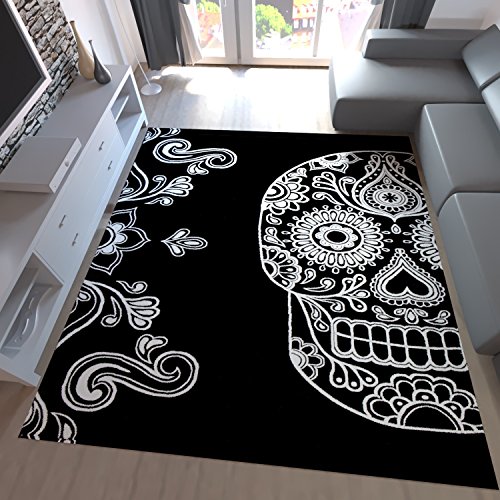 Designer Teppich Schwarz Weiß Kunstvoll Modern Totenkopf Motiv, Maße:120x170 cm von Teppich-Home