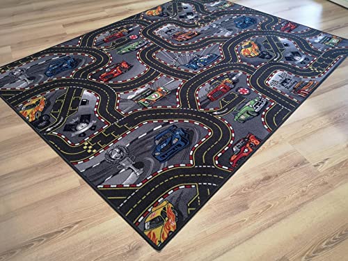 Teppich Janning Kinderteppich Straßenteppich Racing Auto grau anthrazit Rennstrecke Spielteppich (120 x 180 cm) von Teppich Janning