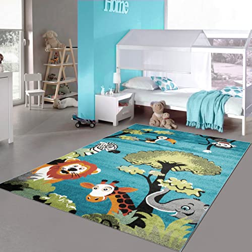 Blauer Kinderzimmer-Teppich mit niedlichen Waldtieren - perfekt für eine natürliche Atmosphäre, 200x290 cm von Teppich-Traum