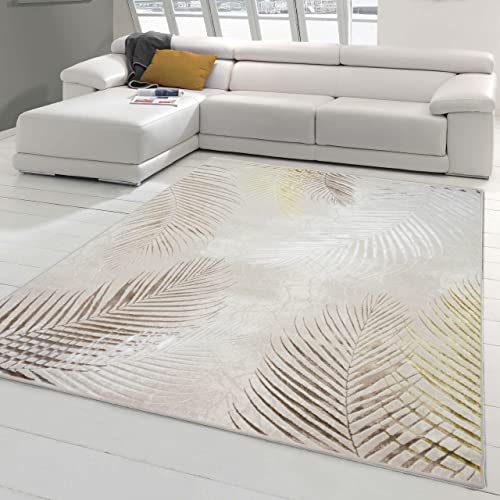 Teppich-Traum Designer Teppich Flur Wohn- & Schlafzimmer Palmenzweige Creme grau Gold Größe 160x230 cm von Teppich-Traum